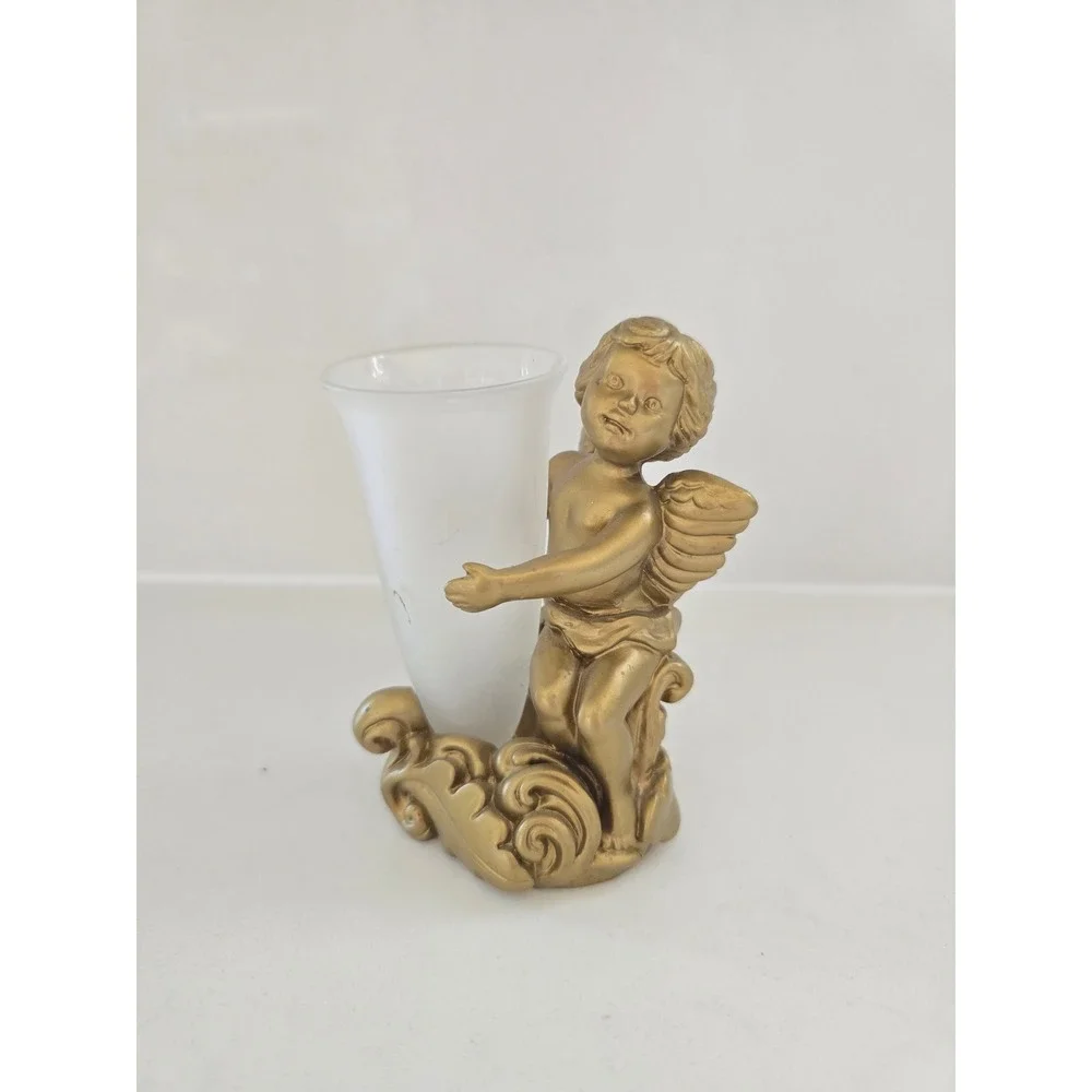 Vintage‎ Gold Cherub Angel Bud Vase Frosted Glass Insert Figurine Decor